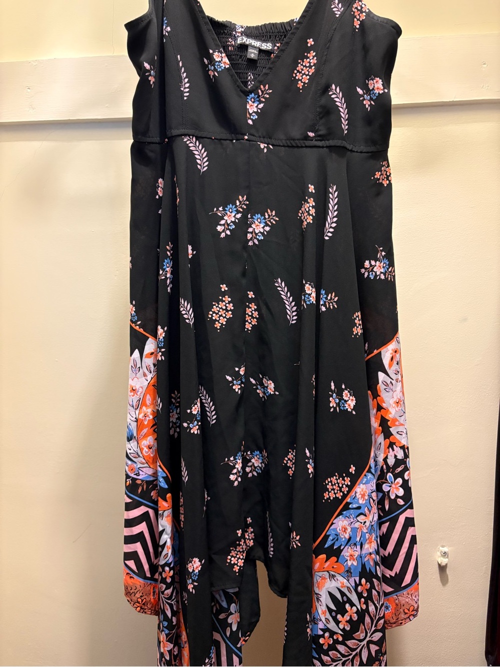 Express Black Floral V-Neck Dress with Pink, Blue & Orange Print